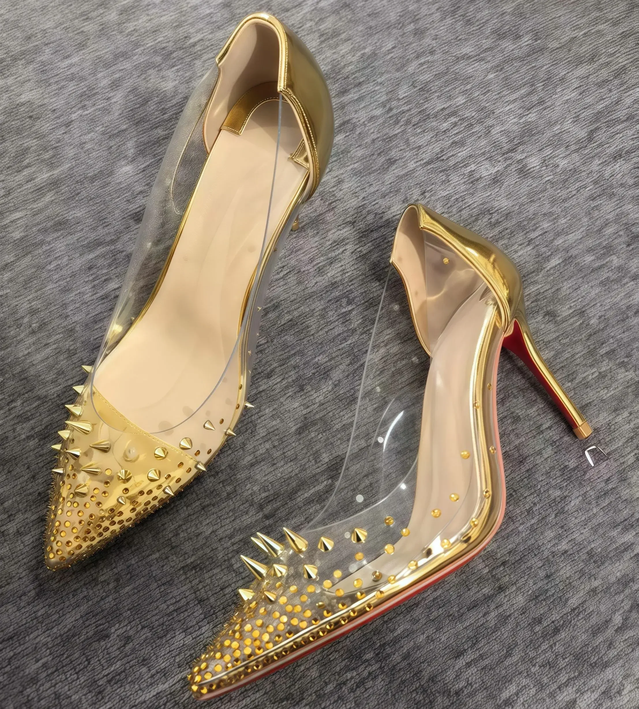 

Gold Rhinestones Rivets Inlay Pvc Strap Women's Single Shoes Pointed Toe Slip On Pumps Female 8cm 10cm 12cm Stiletto High Heels