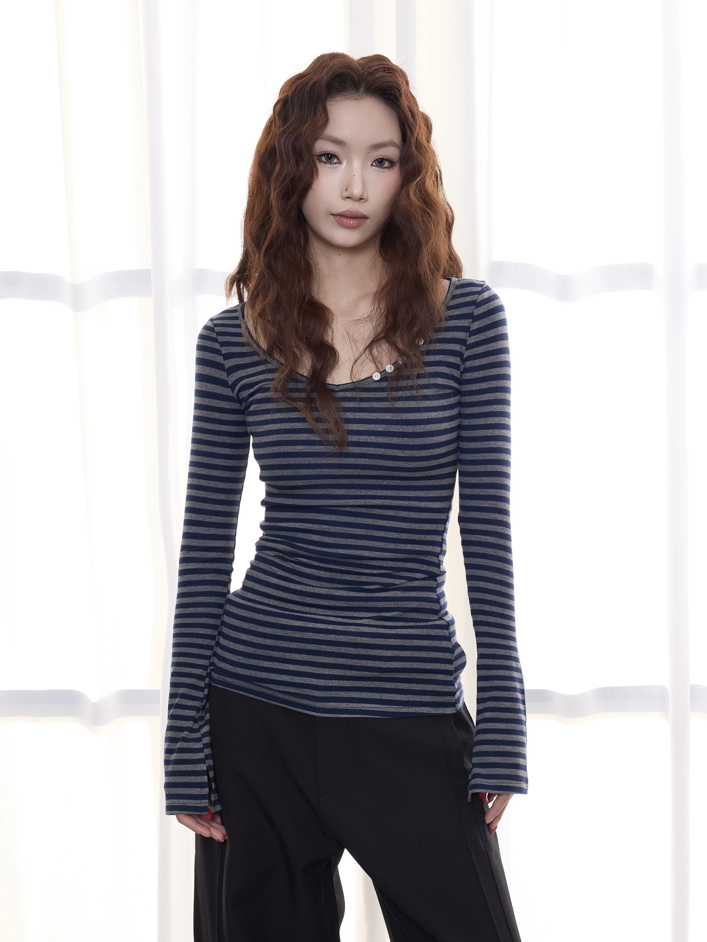 Slim Fit Striped Long Sleeve T-Shirt Antsstna American Retro Button Design Base Layer Shirt Breathable Skin-Friendly Non-Fading