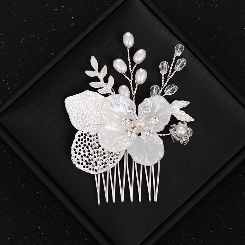 Gold Or Silver Pearl Flower Leaf Crystal Hair Comb Pin Band  For Women Bride Wedding Bridal Hair Accessories Jewelry Comb Gift image 6