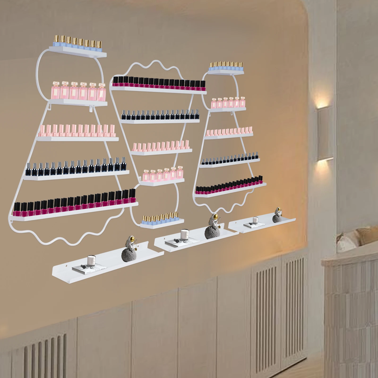 Branco 6 pçs fixado na parede cremalheiras de esmalte de ferro prateleiras de esmalte badminton rack de exibição para loja de beleza