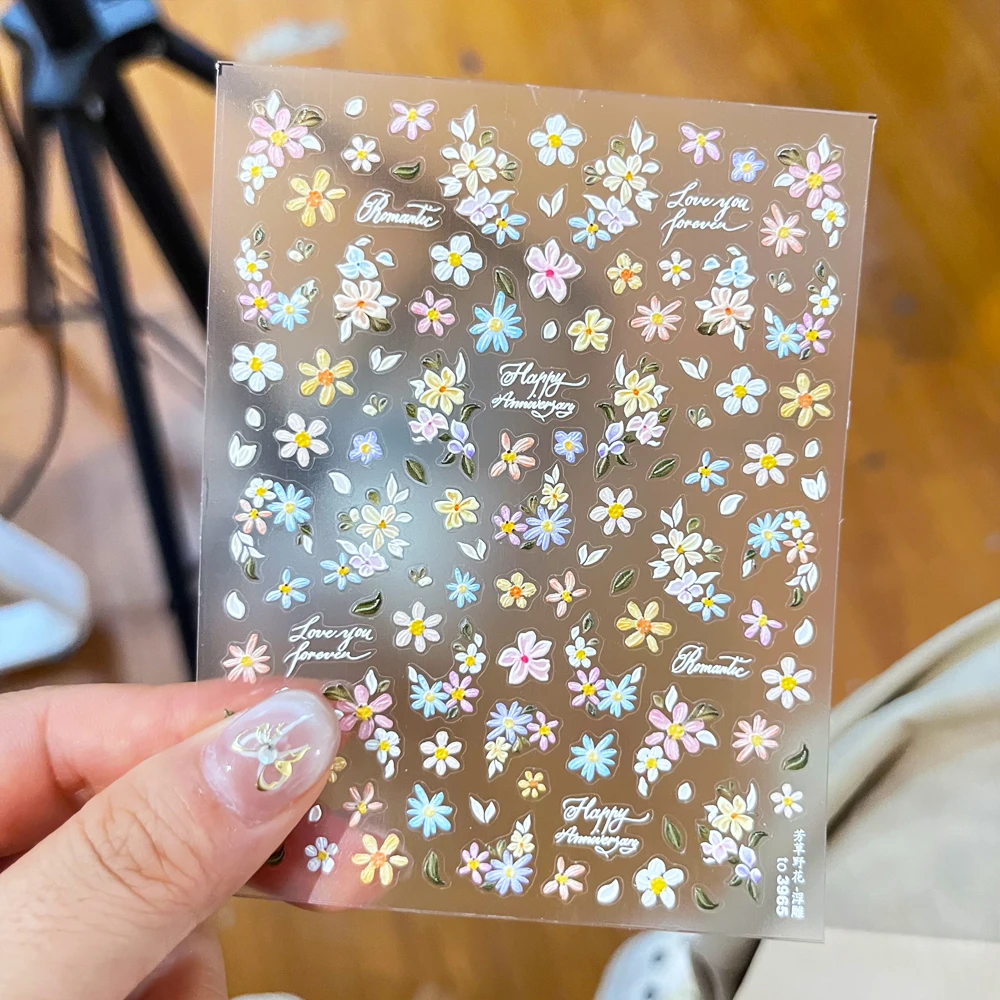 1 قطعة 5D الزهور المجففة مسمار ملصقات الذهب احباط ديزي البنفسجي زهر الخوخ حية الزهور البرية مسمار الشارات DIY بها بنفسك الربيع مانيكير ديكو