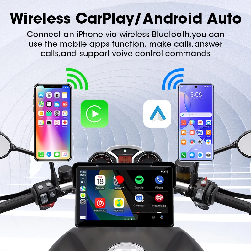 

5"/7" inch Motorcycle GPS Navigation Multimedia Player Wireless CarPlay Android Auto IPX7 Waterproof Screen Recorder