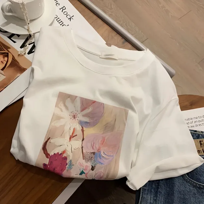 Women's White Floral Oil Painting Print T-Shirt Casual Crew Neck Short Sleeve Artistic Graphic Tee
