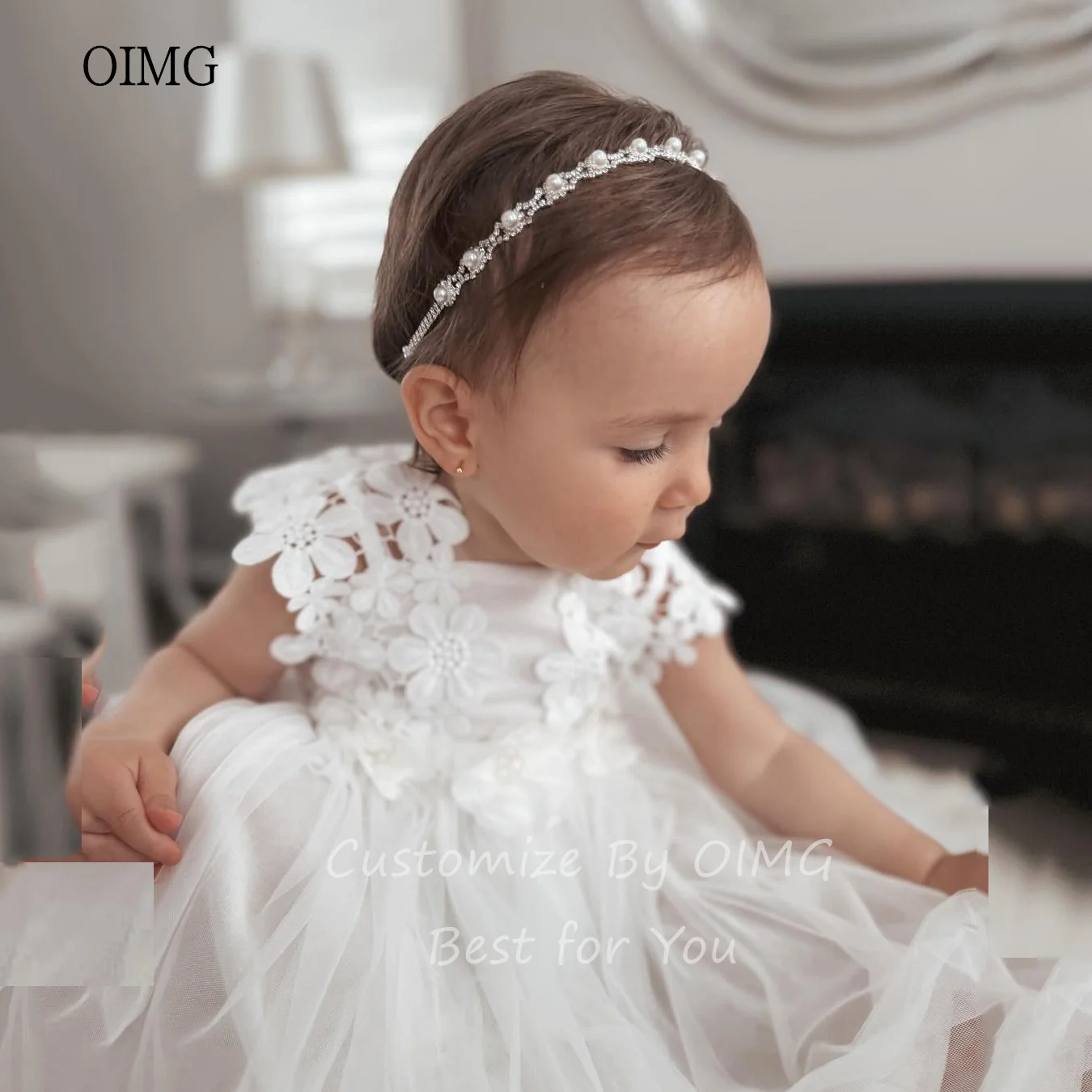 OIMG น่ารัก Ivory A-Line ชุดเดรสดอกไม้แขนกุด Applique ชุดแต่งงานชุดเจ้าหญิง Tulle ชุดวันเกิดที่กําหนดเอง