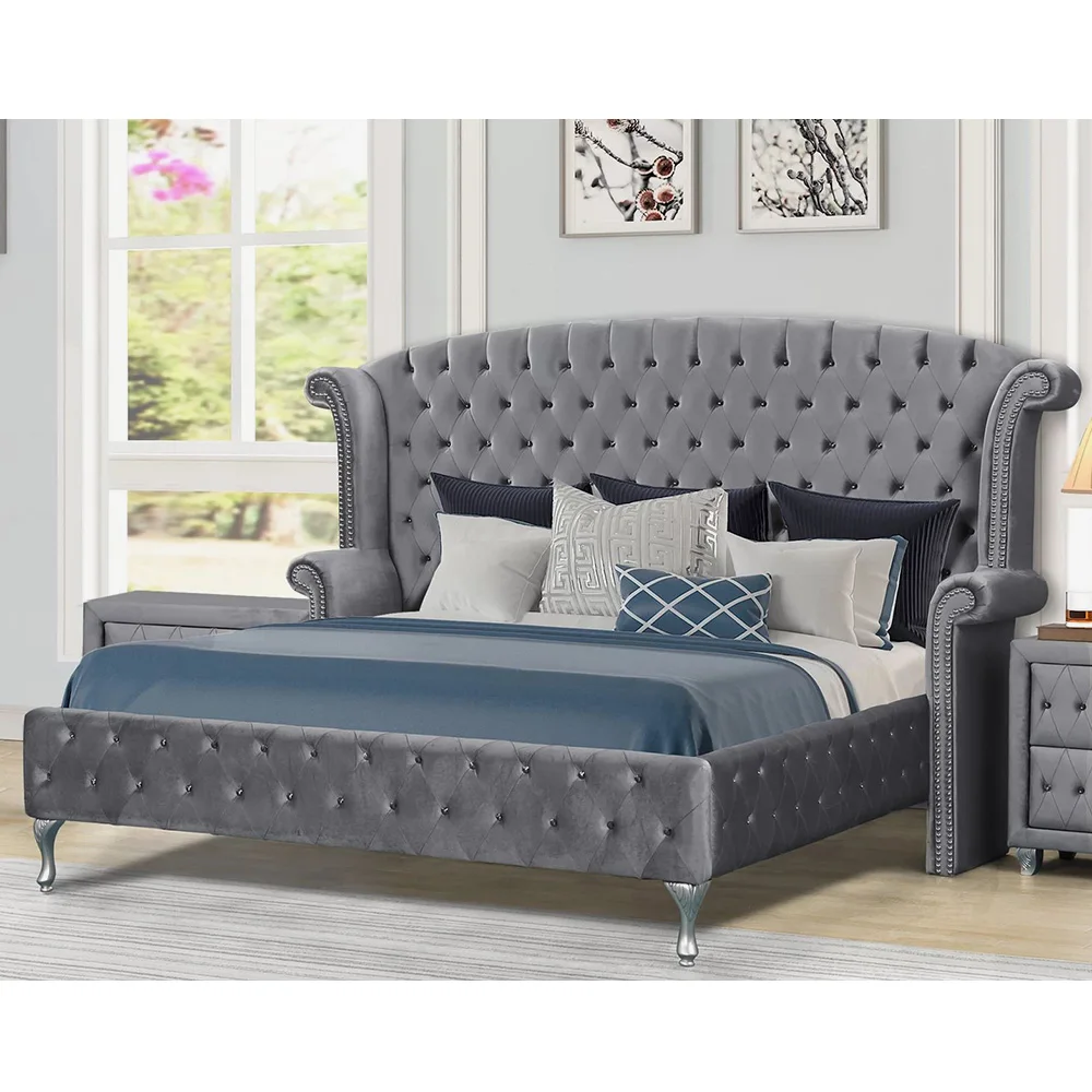 Velvet Luxury Furniture King Size Bed Frame Contemporary Upholstered King Size Bed with Night Tablespromote sales
