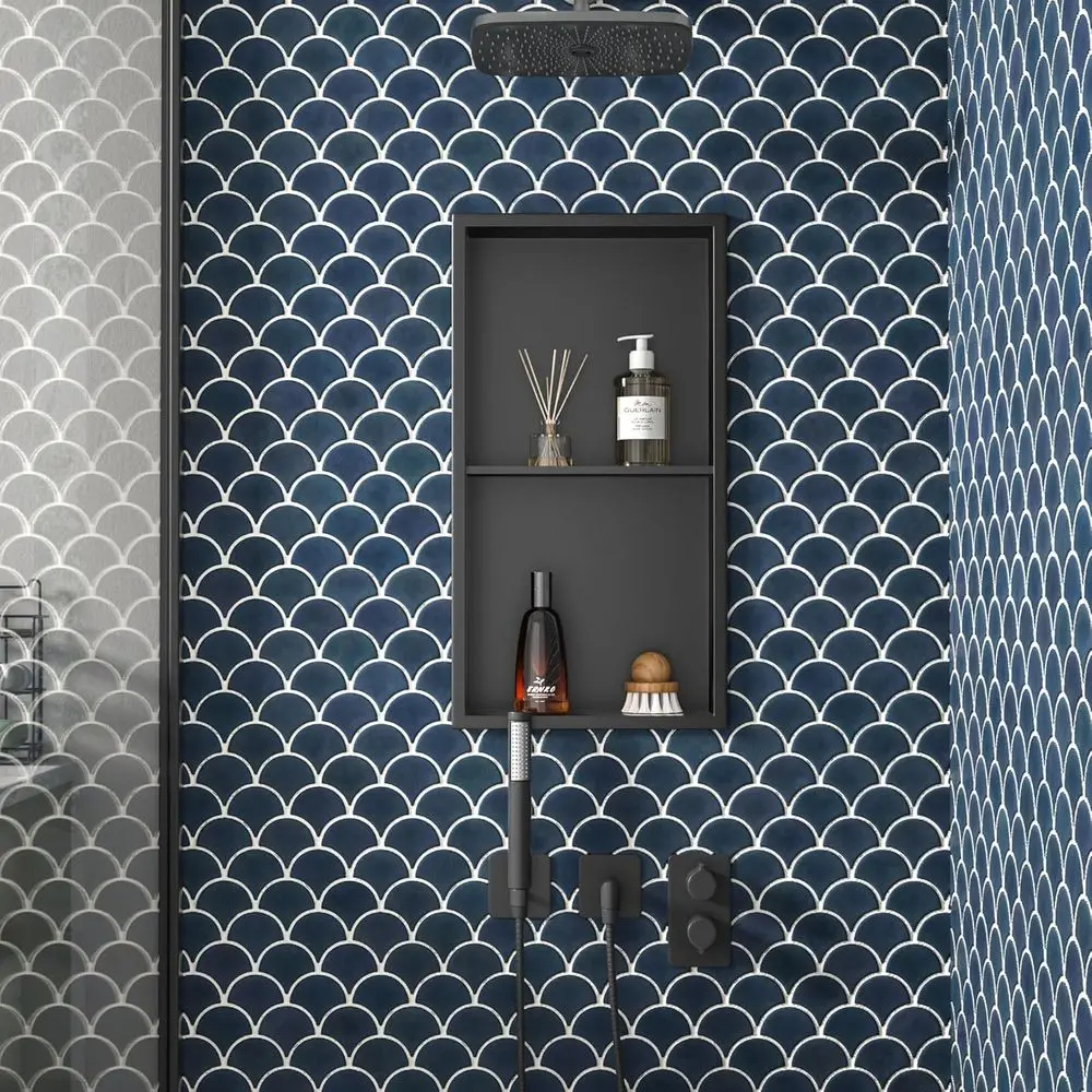 Matte Black 24 x 12 Stainless Steel Shower Enclosure with Double Shelves - Space-Saving, No Tile Required