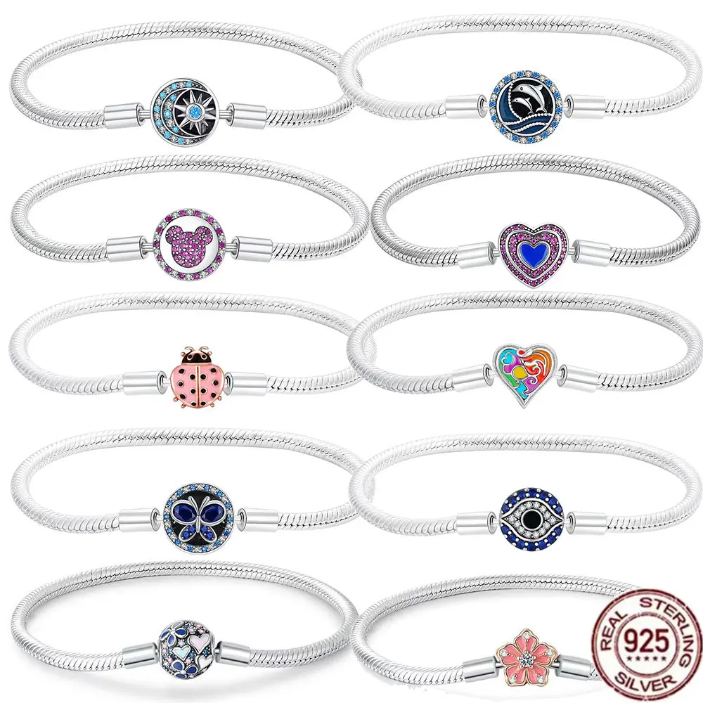 100% S925 sterling silver crown heart-shaped snake bone bracelet, suitable for Pandora bracelets, ladies' birthday jewelry gifts