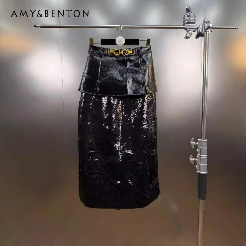 

Original Design Gothic Dark Straight Women's Skirt 2026 Spring New Black Sequin Metal Buckle PU Leather Splicing Skirts Ladies