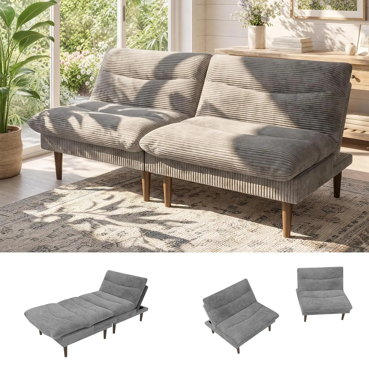 66 Inch Corduroy Futon Sofa Bed, Modular Sectional Sofa for Living Room (Lightgrey), Customized