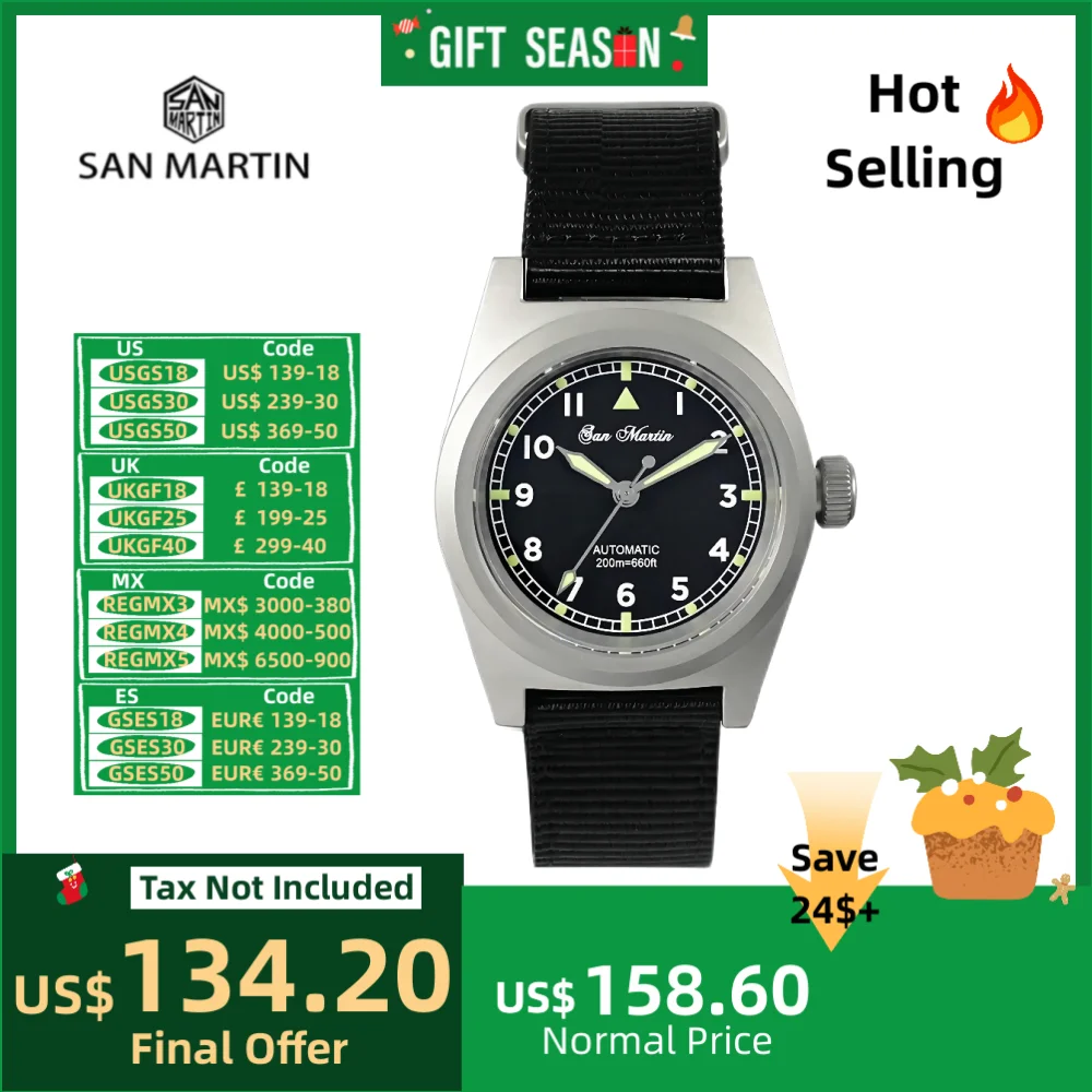 San Martin Pilot 38mm Military Watch YN55 Simple Mens Automatic Mechanical Watches Waterproof 200M Lume Nylon Strap SN0029GA-2