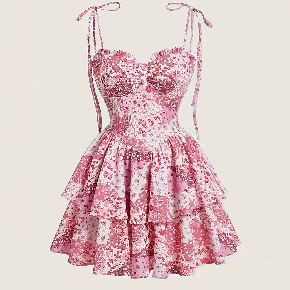 New Floral Suspender Cake Dress Women Summer Retro Pink Double-layer Hem Short Dresses High Waist A-line Slim fit Lace-up Frock