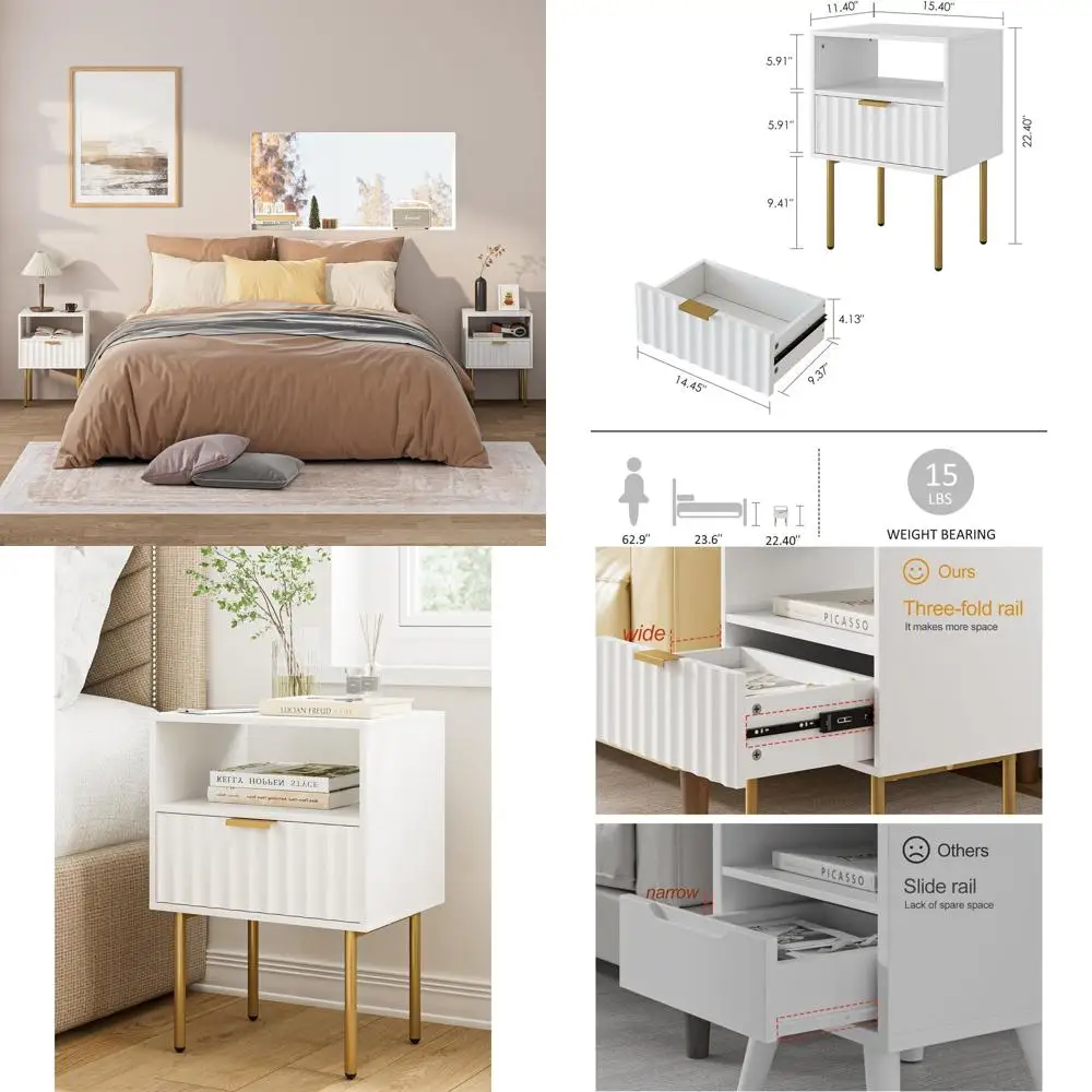 

Элегантная белая прикроватная тумбочка с ящиком и полкой, с золотистым акцентом на раме, идеально подходит для небольших помещений