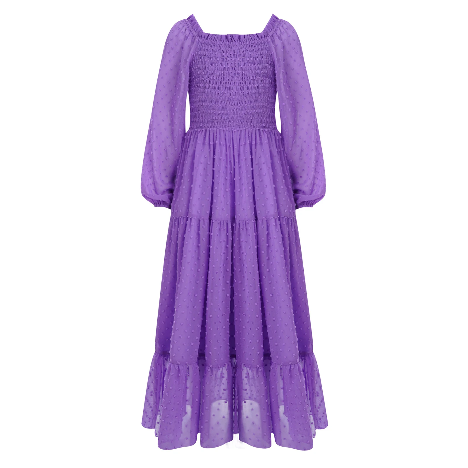 Vestido de gasa para niñas con dobladillo escalonado, cuello cuadrado con volantes, manga larga, vestidos con cinturón ahumado para vacaciones en la playa, fiesta de cumpleaños