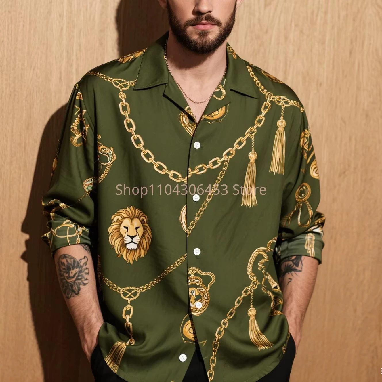 

2026 Men's Original Lion Chain 3D Print Shirt, Solid Color Long Sleeve Lapel Business Casual Dress Top for Hawaii Beach Vacation