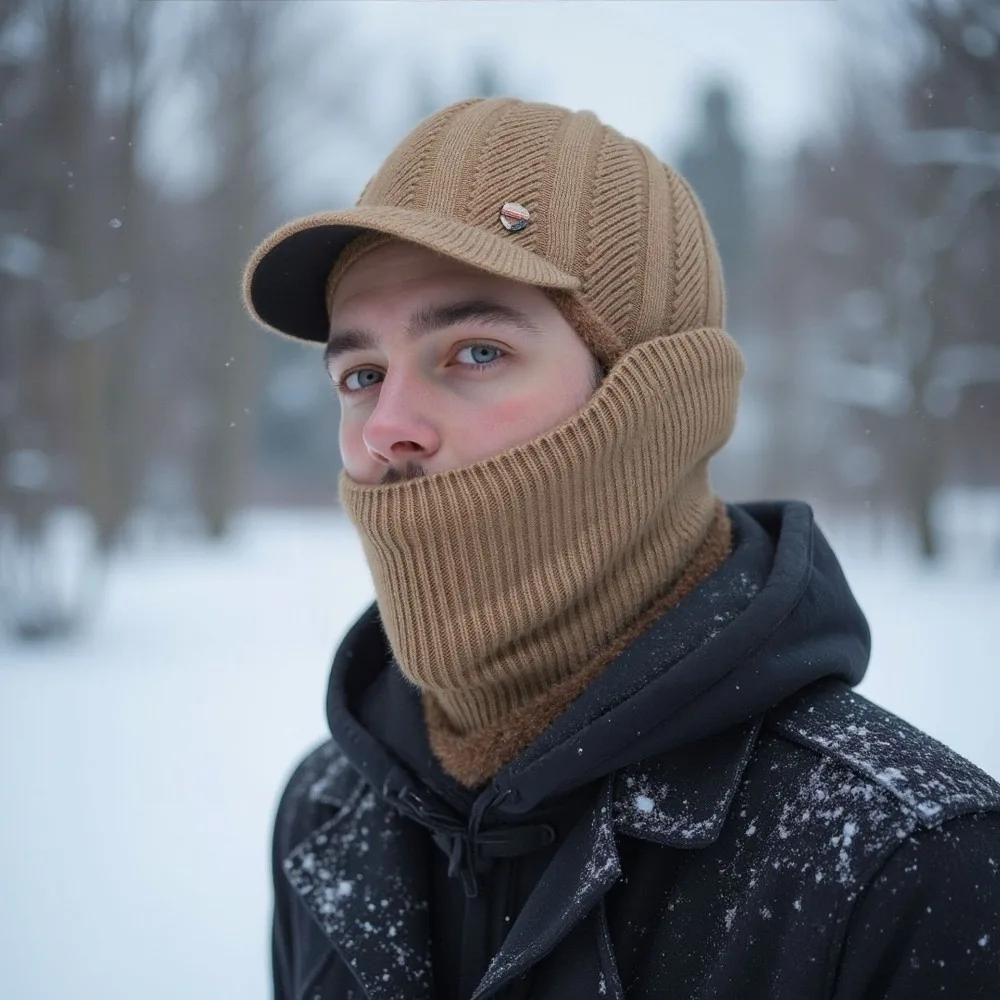 

New Warm Integrated Hat Scarf Set Windproof Coldproof Lei Feng Hat Knitted Earmuffs Hat for Outdoor Cycling Skiing