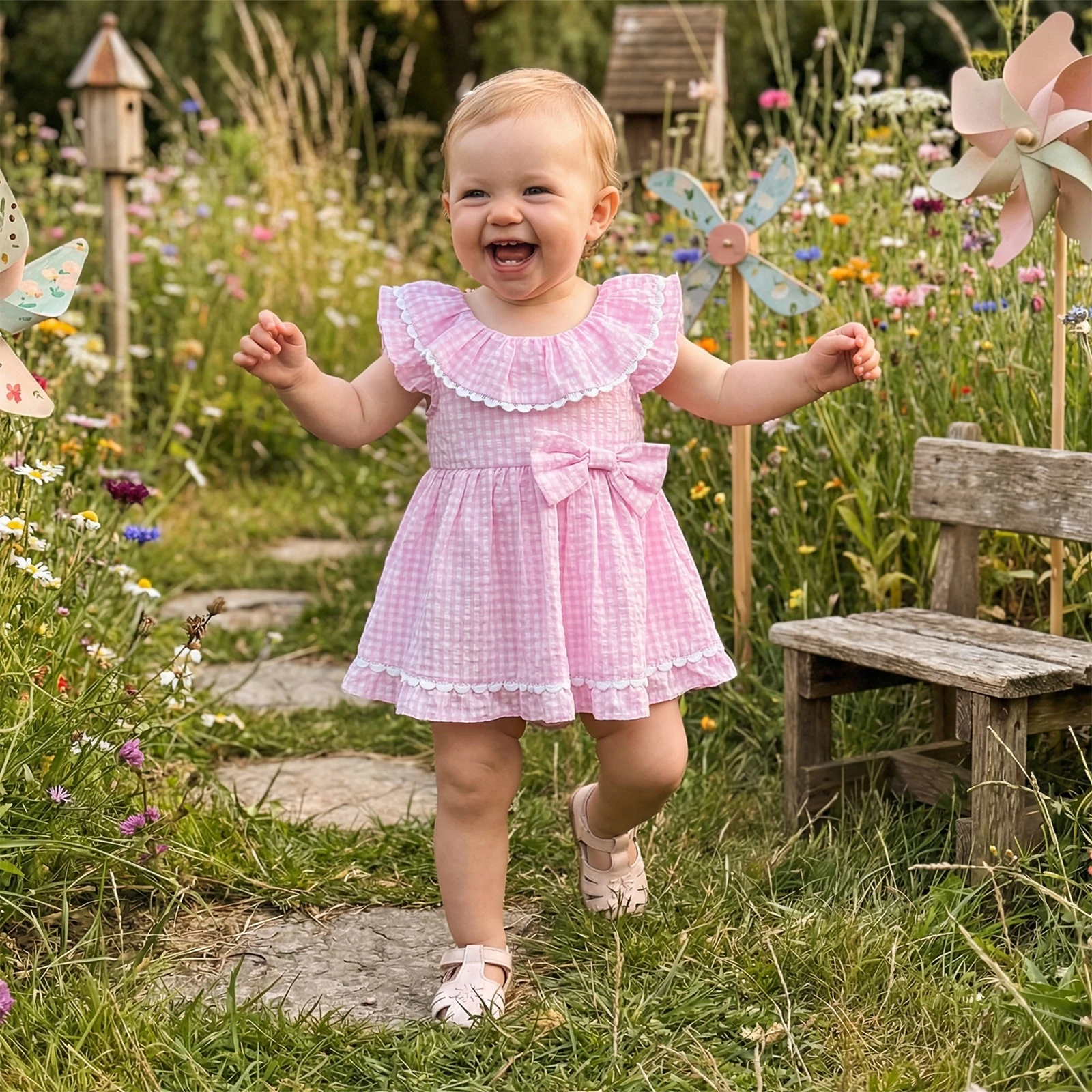 Baby Girls Summer Rompers Dress Fashion Plaid Sleeveless Round Neck Bowknot Jumpsuits Cute Newborn Clothes