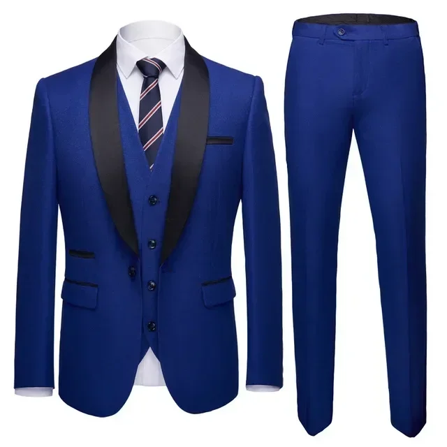 

Blue Smart Casual Elegant Men Suit Shawl Lapel Business Slim Fit Blazers Hombre High Quality Custom 3 Piece Set Costume Homme