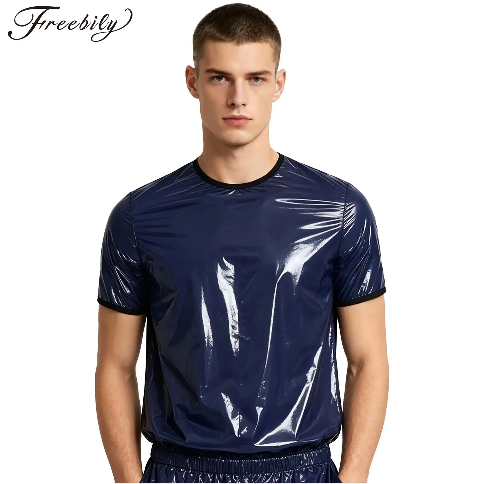Men Water Resistant Pullover Tops Short Sleeve Round Neck Contrasting Trim Back Invisible Zipper Elastic Hem T-shirt