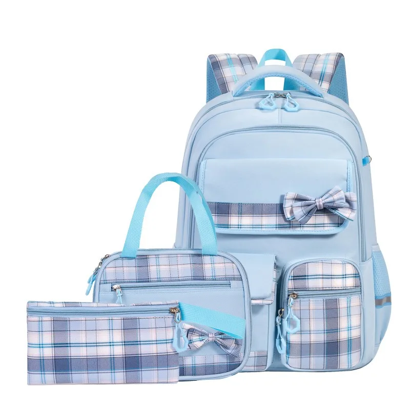 3pcs/set School Backpack for Girls Bookbag Elementary Middle School Bags Student Cute Plaid Backpack with Lunch Bag Pencil Bag