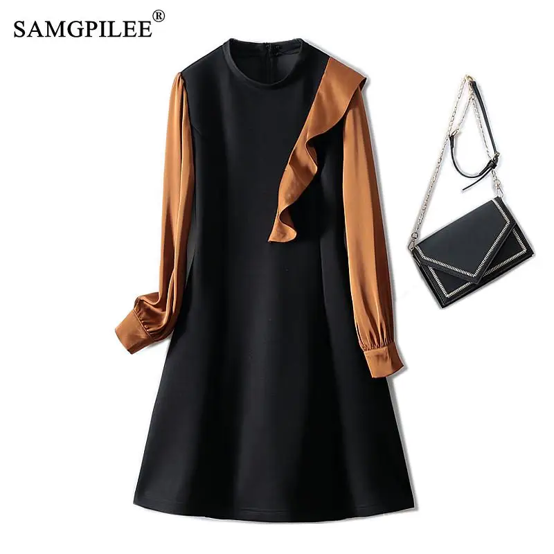 

SAMGPILEE Trendy Ruffled Chiffon Color Matching Slim Stretch Black Dress 2022 Early Spring Mid-length All-match Party Dresses