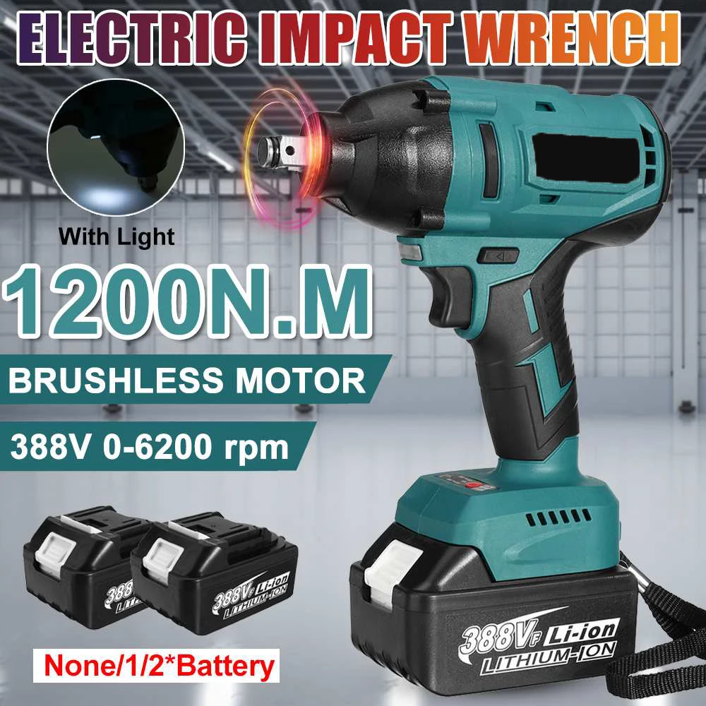 

1200N.m High Torque Brushless Electric Impact Wrench 1/2 Socket Cordless Wrench Screwdriver Power Tools for Makita 18V Battery