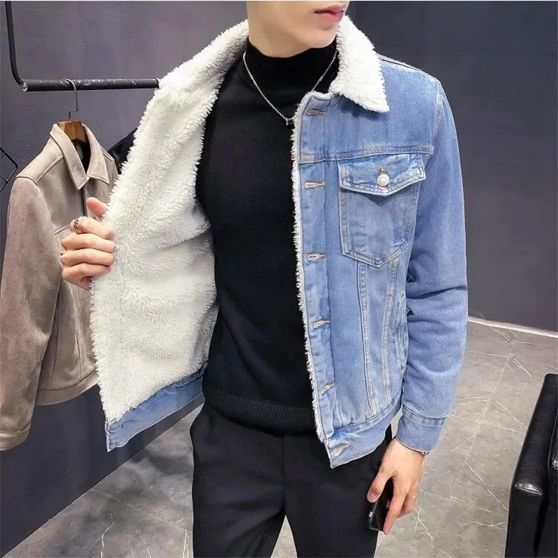 Men Warm Denim Jacket 2024 Winter Thick Fleece Outerwear Solid Casual Wool Lining Jean Jackets Coats Men Clothing Oversized 6XL