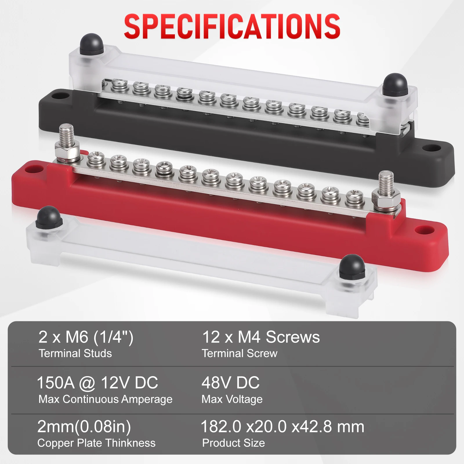 12 Way Terminal Bus Bar 48V 150A Busbar Block With Cover Ground Distribution Power Terminal Block 2 Studs M6 For Boat Car Camper