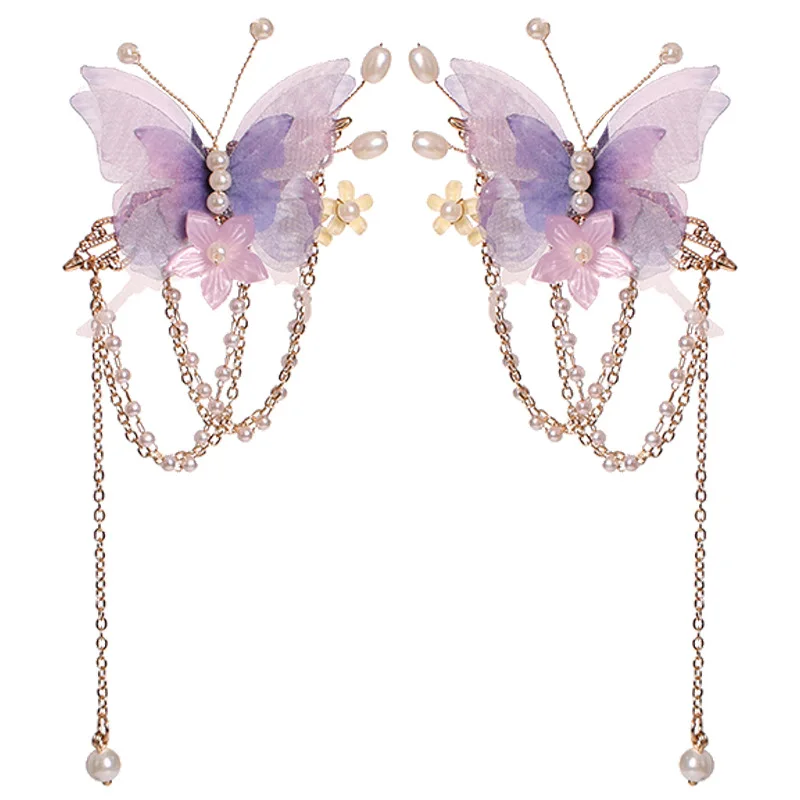 2 stücke Lila Schmetterling Haar Clips Chinesische Perle Quaste Haarspangen Vintage Blume Fringe Schritt Schütteln Retro Han Kostüm Party Haarnadel – Detail 5