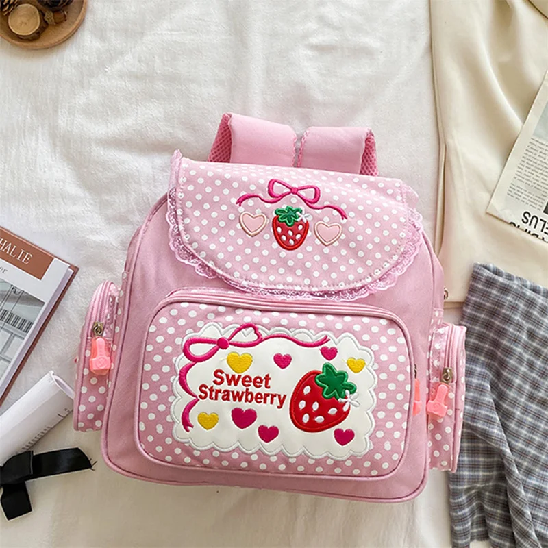 

Japanese School Bags Backpack Kids Cute Soft Girl Sweet Lovely Embroidered Fruit Strawberry Lace Girl Student Schoolbag Girl