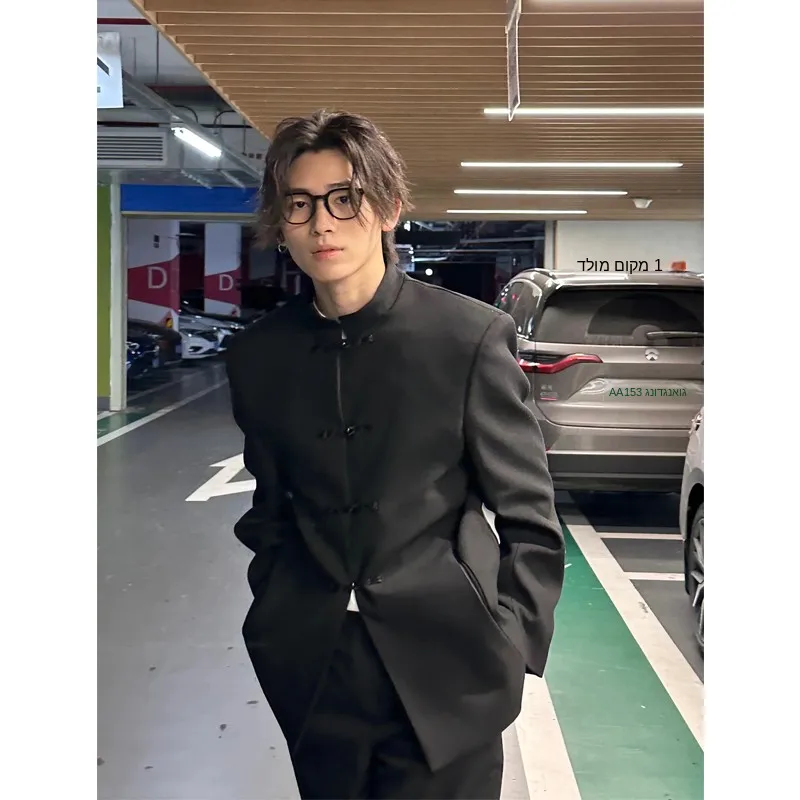 New Chinese Style Men's Suit Jacket Spring Autumn 2024 Placket Collar High-End Feeling Button Western Style Long Sleeve Casual