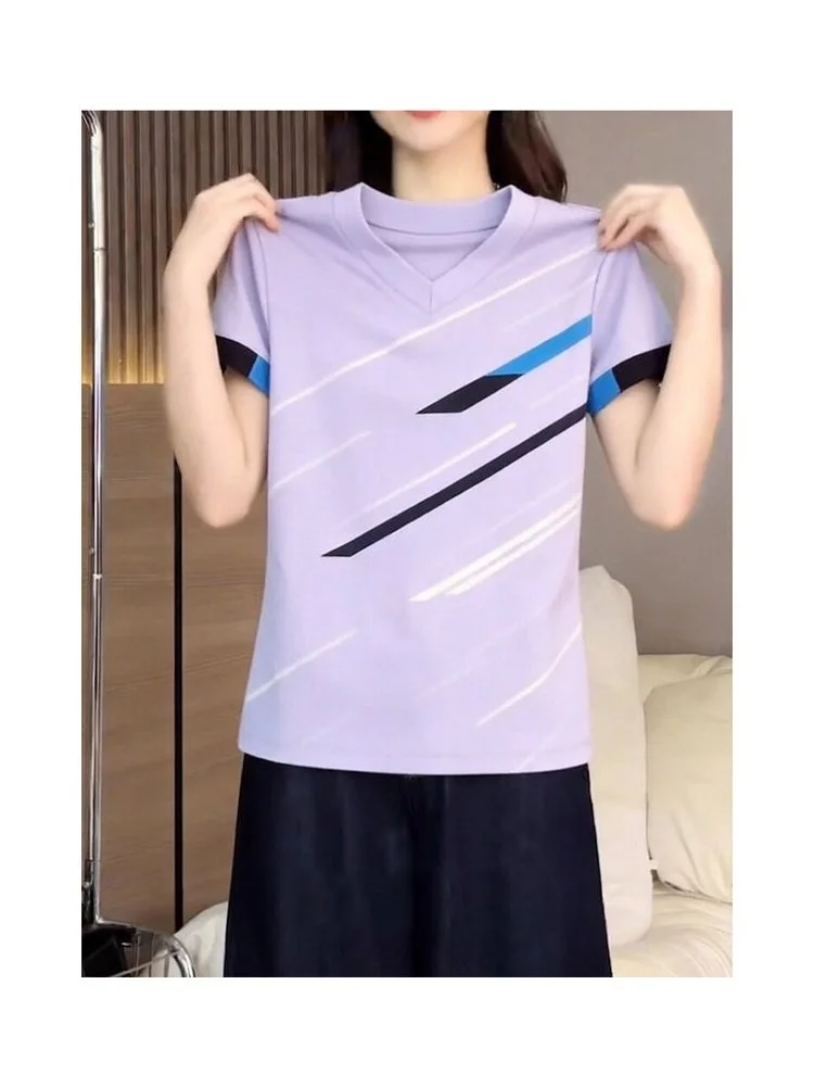 Summer New plus Size Quick Dry V-Neck Short Sleeve T-Shirt Women's Stripe Splicing Slimming Casual Top Large Code