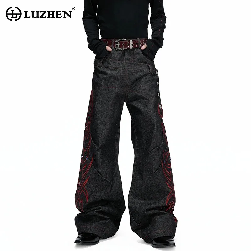 LUZHEN 2026 New Fashion Embroidery Pattern Double Waist Design Wide Leg Jeans Men Handsome Buttoned Decorate Denim Pants JY9094