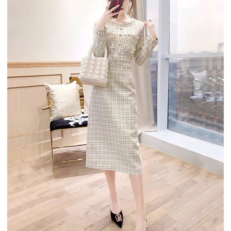 Women\'s Fashion Tweed Suit Dress Autumn O-neck Long Sleeve Single Breasted Plaid Elegant Dress New Evening Party Vestidos Robes