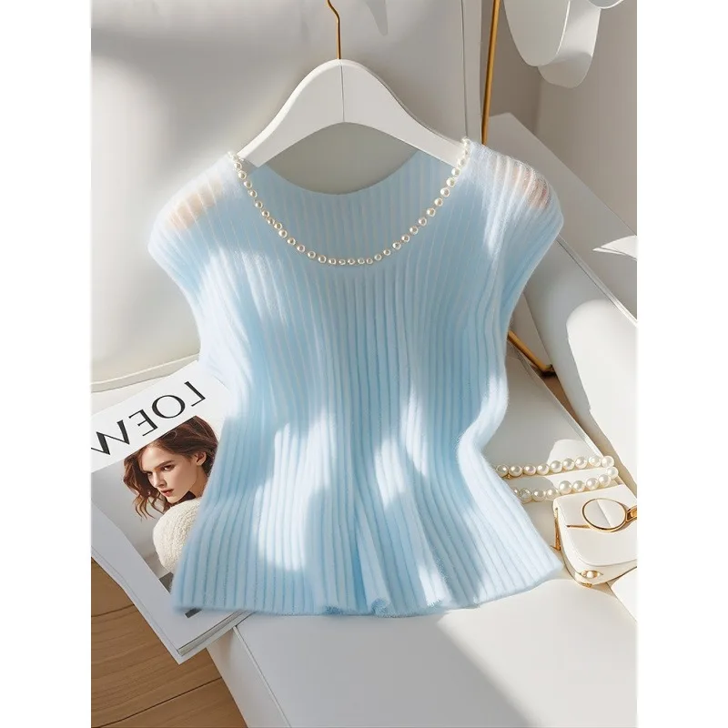 Sommer Stricken Frauen Weste O Hals Perle Diamant Stricken Solide Pullover Top Koreanische Mode Dünne Leichte Pendler Weibliche Tragen