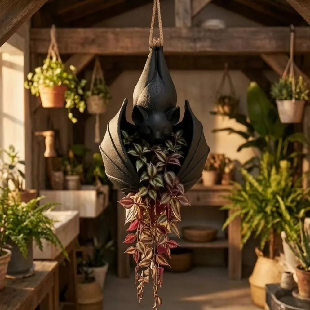 Gothic Style Bat Hanging Planter Plastic Whimsical Hanging Succulent Planter Creative Black Bat Shaped Flower Pot