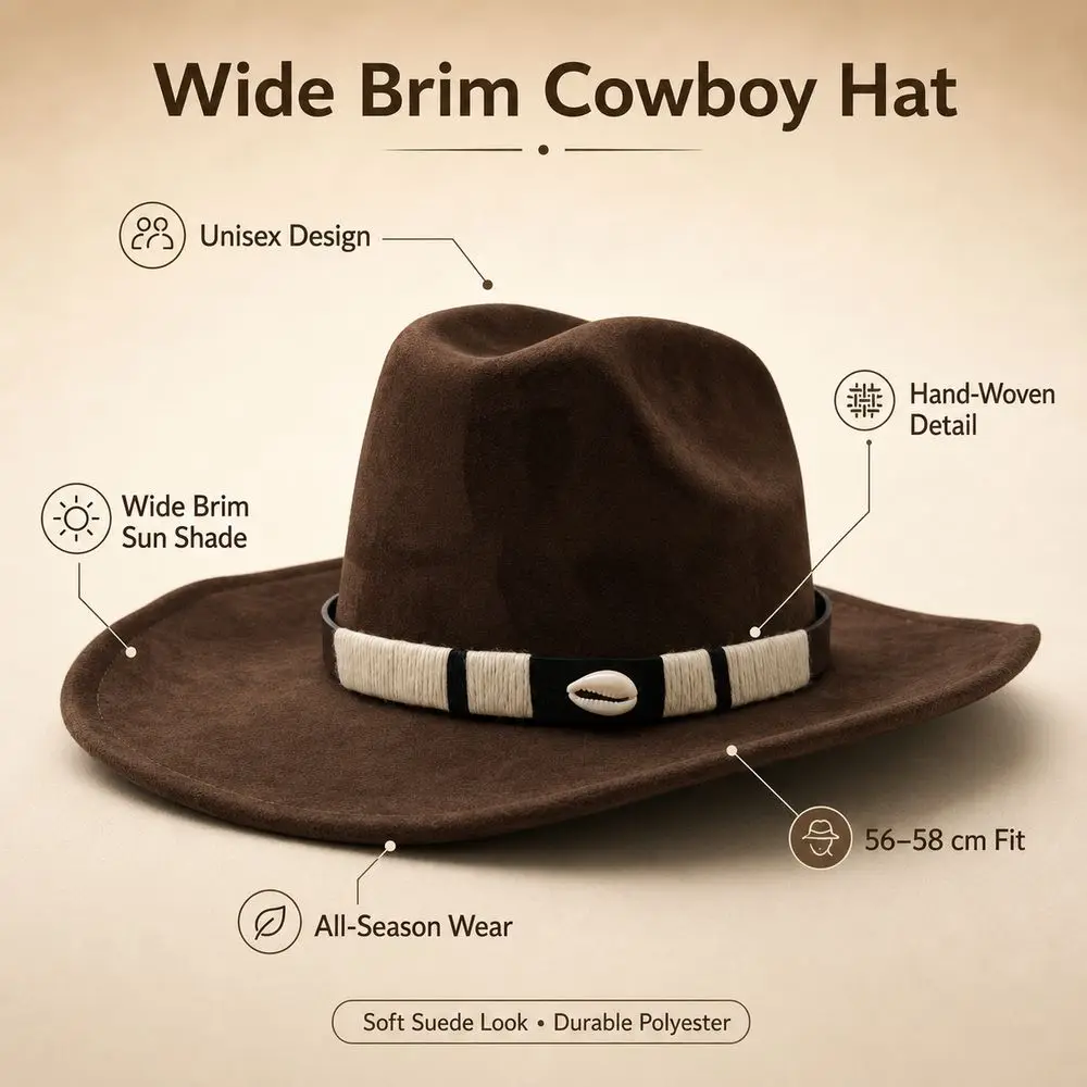 Unisex Wide Brim Cowboy Hat Polyester Felt Construction Rancher Hat Striped Buckle Band Small Woolen Top Western Fedora Hat