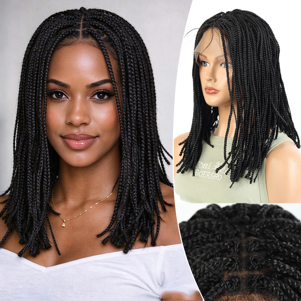 Synthetic 14 Inch Dreadlock Wig for Black Women Thin Cornrow Plaited Short Bob Lace Frontal Micro Box Braided Synthetic Hair Wig