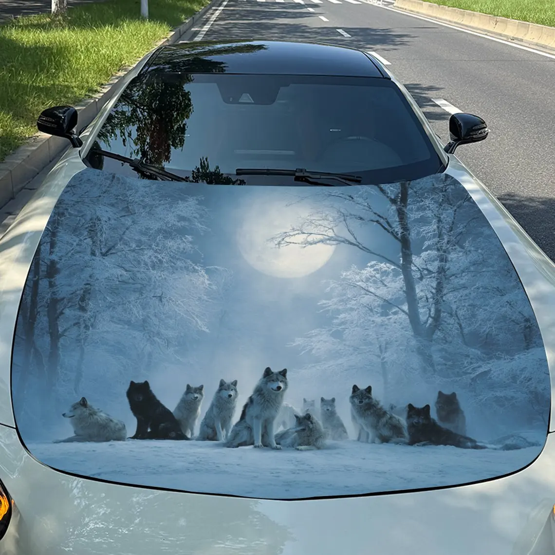 

The Wolf Pack In The Snowy Forest Car Hood Vinyl Wraps, PVC Waterproof Car Bonnet Decals, Self-Adhesive Scratch-Resistant Sticke