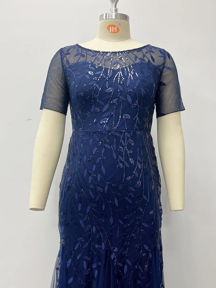 Robe de soirée de forme sirène, en maille, grande taille, Slim, motif de feuilles perlées, robes de bal élégantes pour femmes, manches courtes, 2023