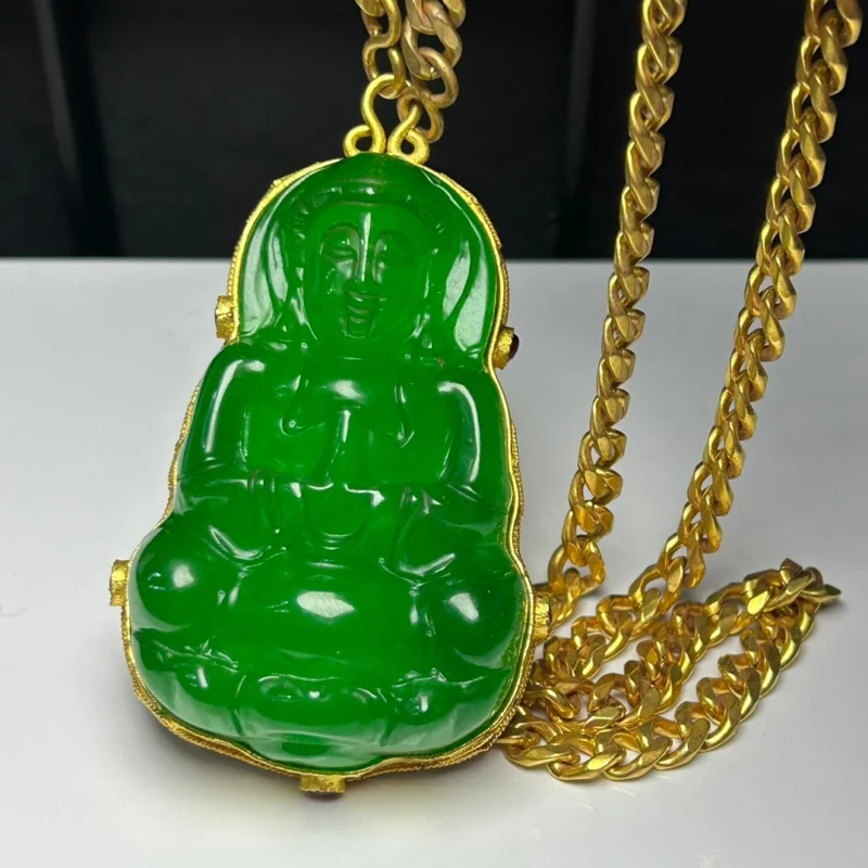 

Natural Green Perfect Ice Jade Jadeite guanyin Big Pendant&Necklace Certified