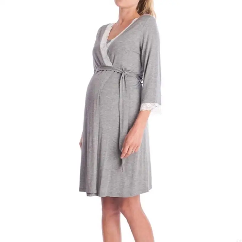 L5YF ثوب النوم ملابس نوم التمريض للنساء الحوامل القطن الأمومة رداء مع حزام قابل للضبط بيجامة فستان ملابس الحمل
