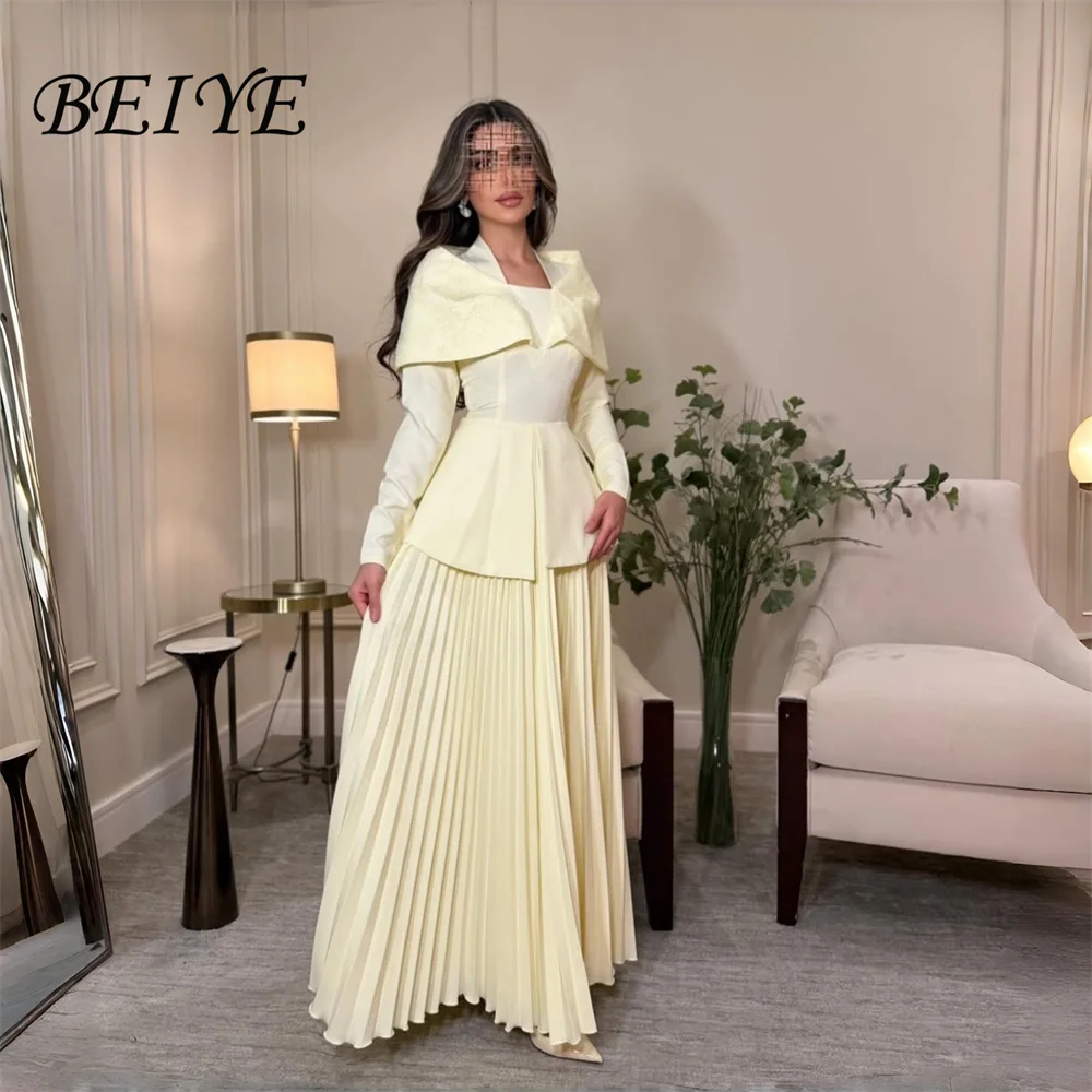 

BEIYE Classic Yellow A-Line Evening Dress Long Sleeve Square Collar Prom Dress Pleat Party Gown Customized فساتين سهرة