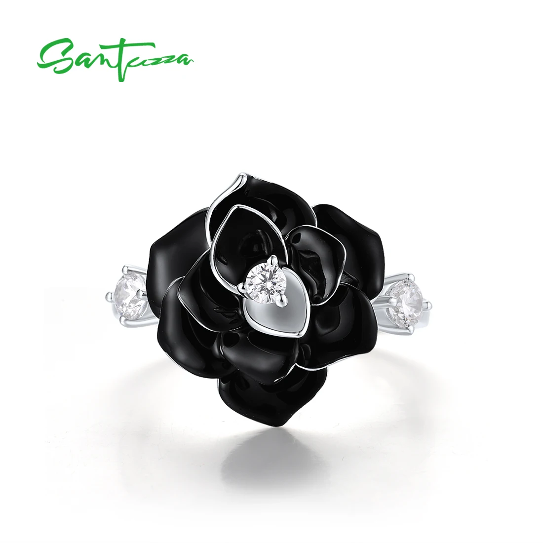 SANTUZZA Pure 925 Sterling Silver Ring For Women Sparkling White CZ Black Flower Retro Style Enamel Elegant Party Fine Jewelry