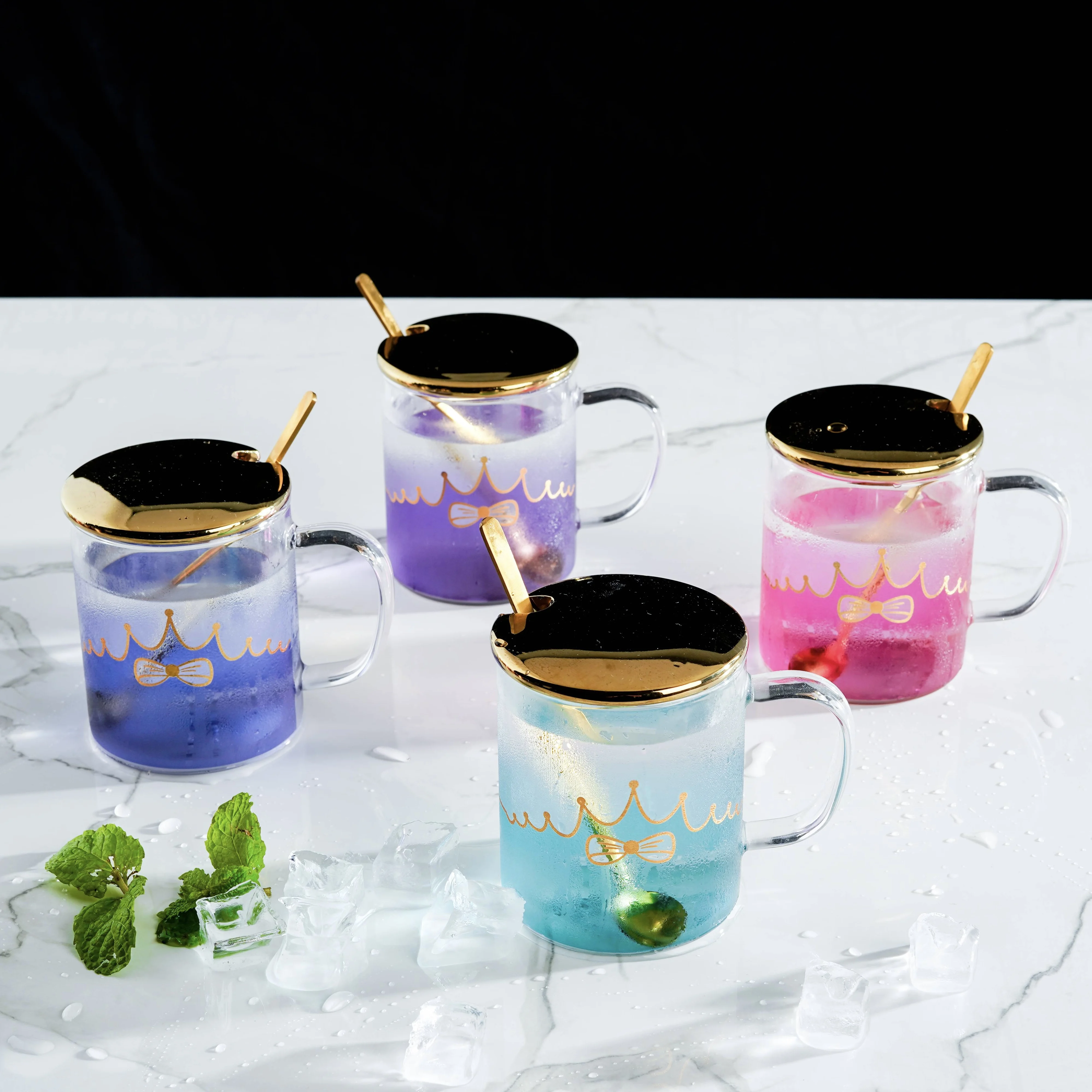 Nordic 450ml cute glass bow pattern blue purple cyan pink glass with spoon water cup