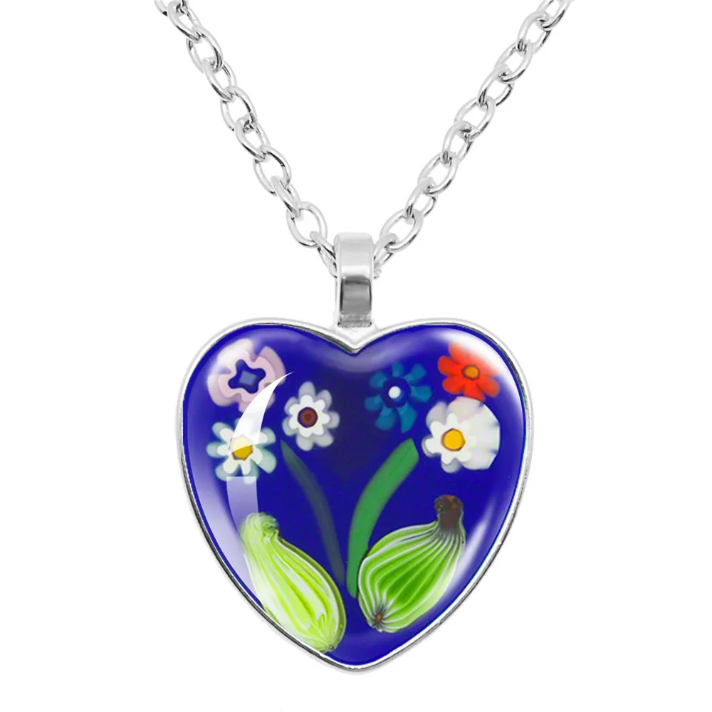 Murano Millefiori Heart Pendant Necklace MultiColour Flower Glass Cabochon Necklace Jewelry For Women Men Gift Wholesale