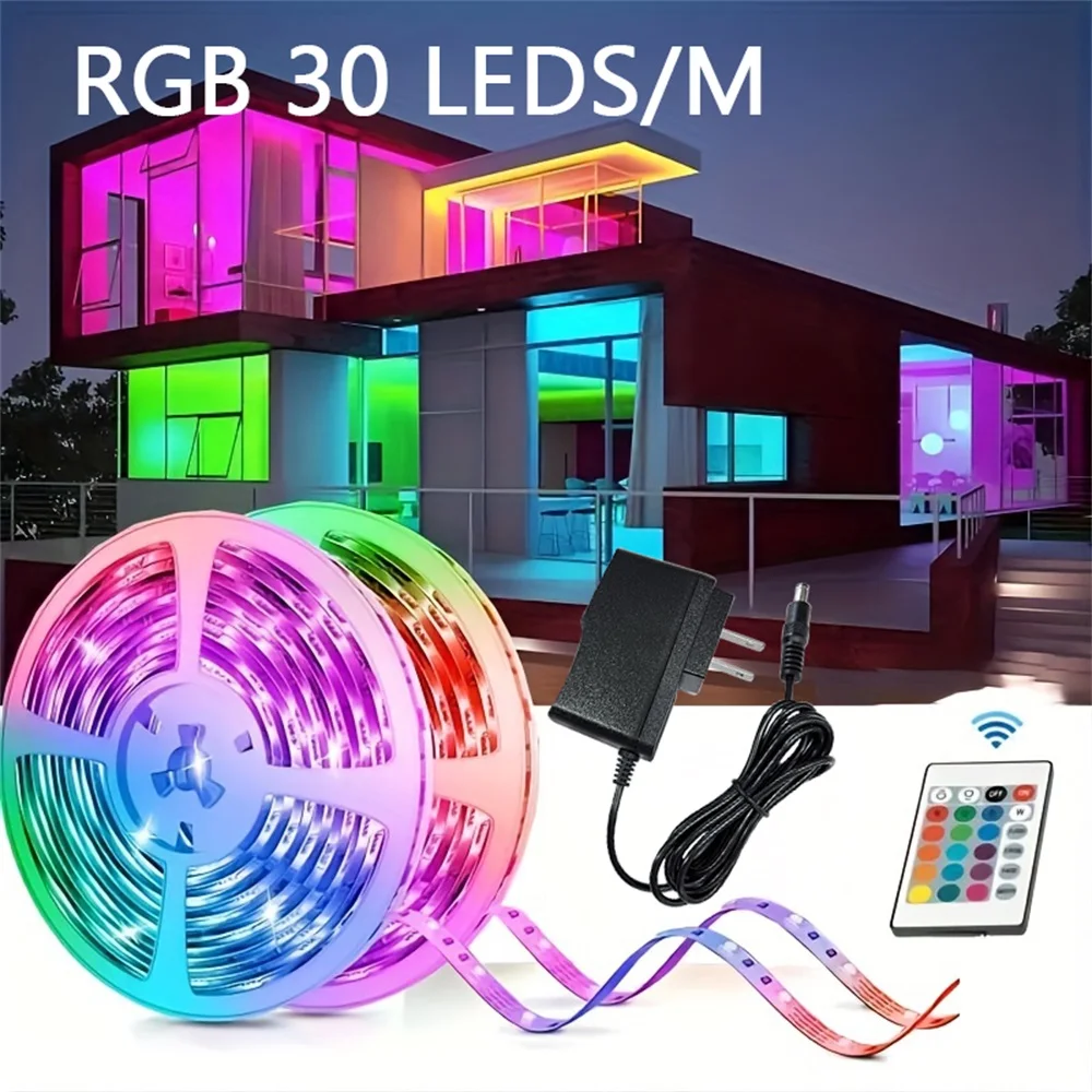 Tira de luces RGB 5050 con Control por aplicación Bluetooth, 30LED/m, 12V CC, fuente de alimentación estadounidense, cinta de diodo Flexible para retroiluminación de TV y habitación