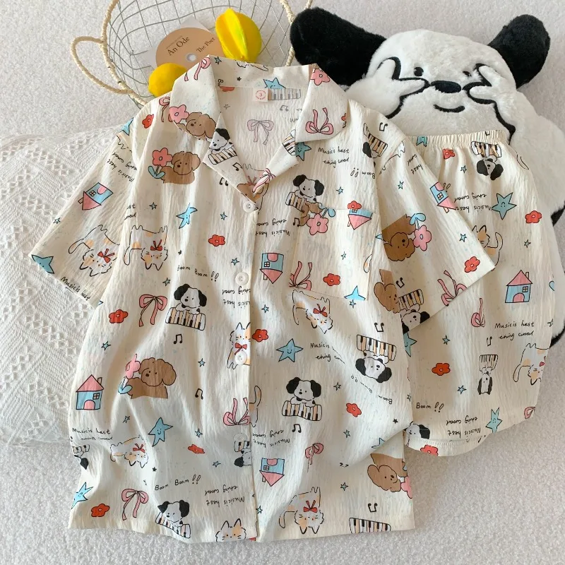 

Lightweight Cotton Sleepwear Set for Women Summer Short Sleeve Shorts Home Clothes Thin Style Sweet And Cute Chinese Brand