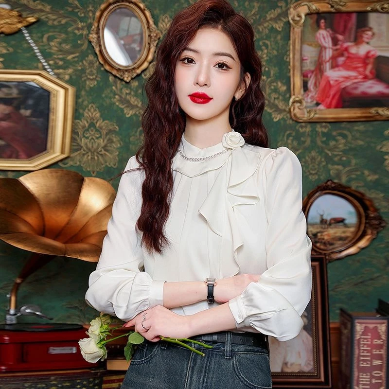 

Женская винтажная атласная блузка 2026, весенняя новая модная элегантная офисная повседневная рубашка во французском стиле с рюшами и длинными рукавами ​