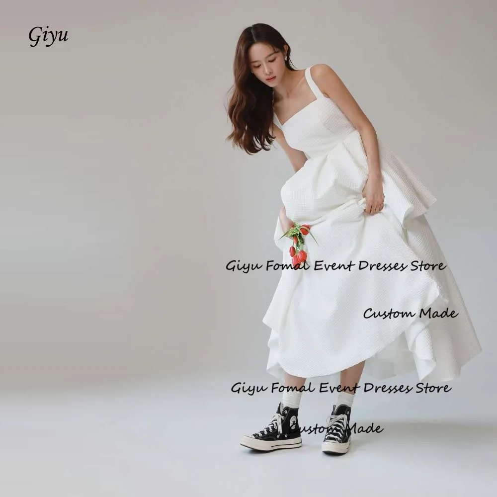 Giyu White A Line Thick Special Fabric Korea Wedding Dresses Photoshoot Wide Straps Square Neck Bridal Gowns Corset Back