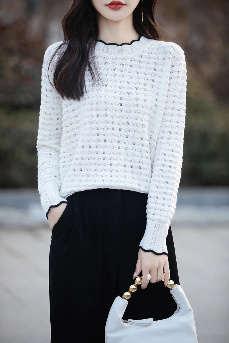 Spring new 100% pure cotton knitted lace ruffle collar with elegant and soft hollow design cuffs, unique women's round neck top